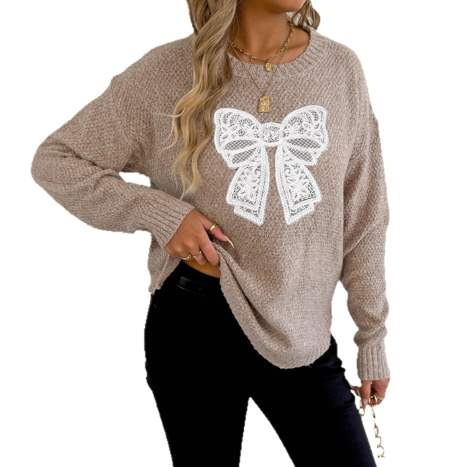 Crewneck Pullover Sweater with Embroidered Lace Butterfly Applique