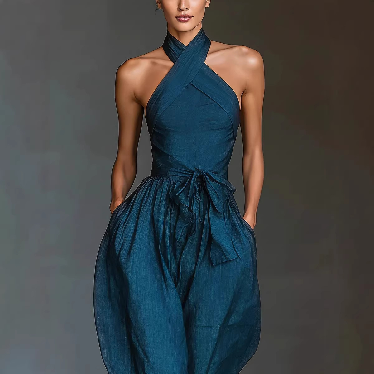 Sleeveless Halter Tie Solid Color Pocket Jumpsuit Long Pants