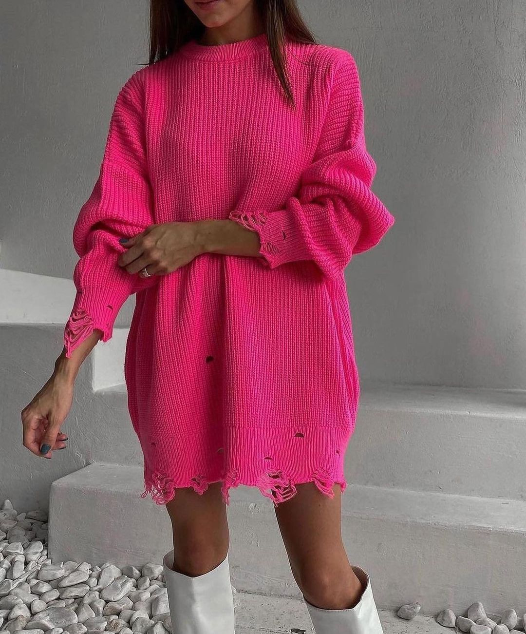 Distressed Knit Crewneck Loose Midi Long-Sleeve Sweater