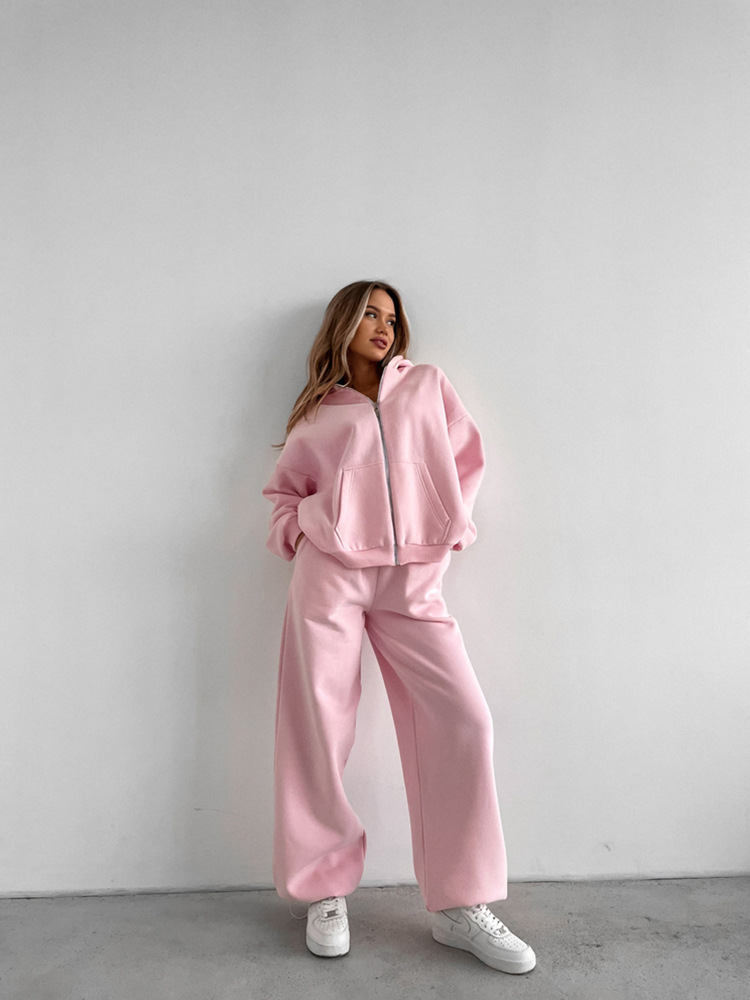 Women's Solid Color Hooded Cardigan Sweatshirt and Pants Set with Pockets