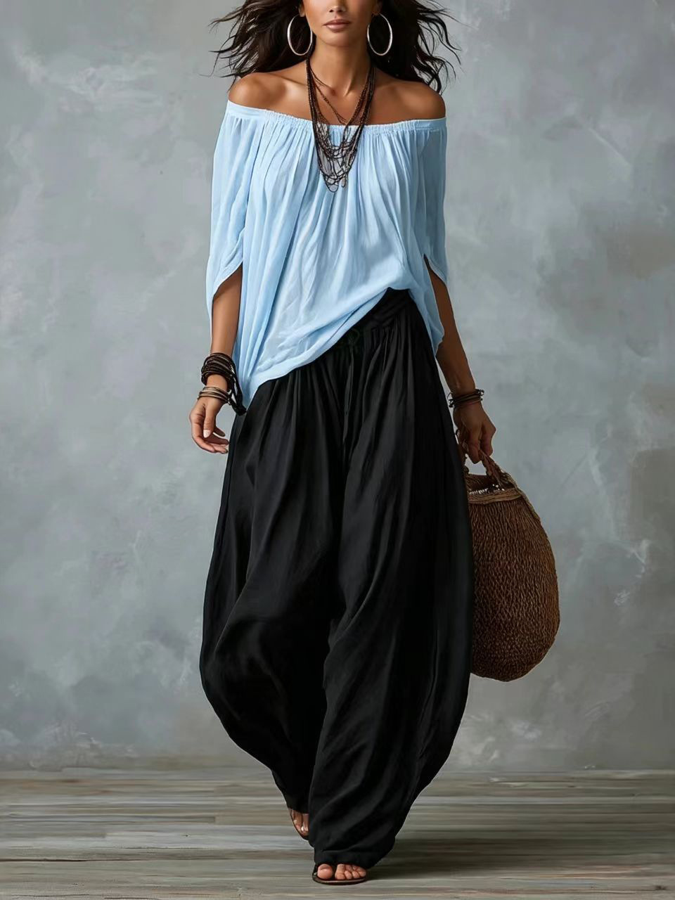 Women's Off-Shoulder Top and Wide-Leg Pants Set Casual Two-Piece Outfit