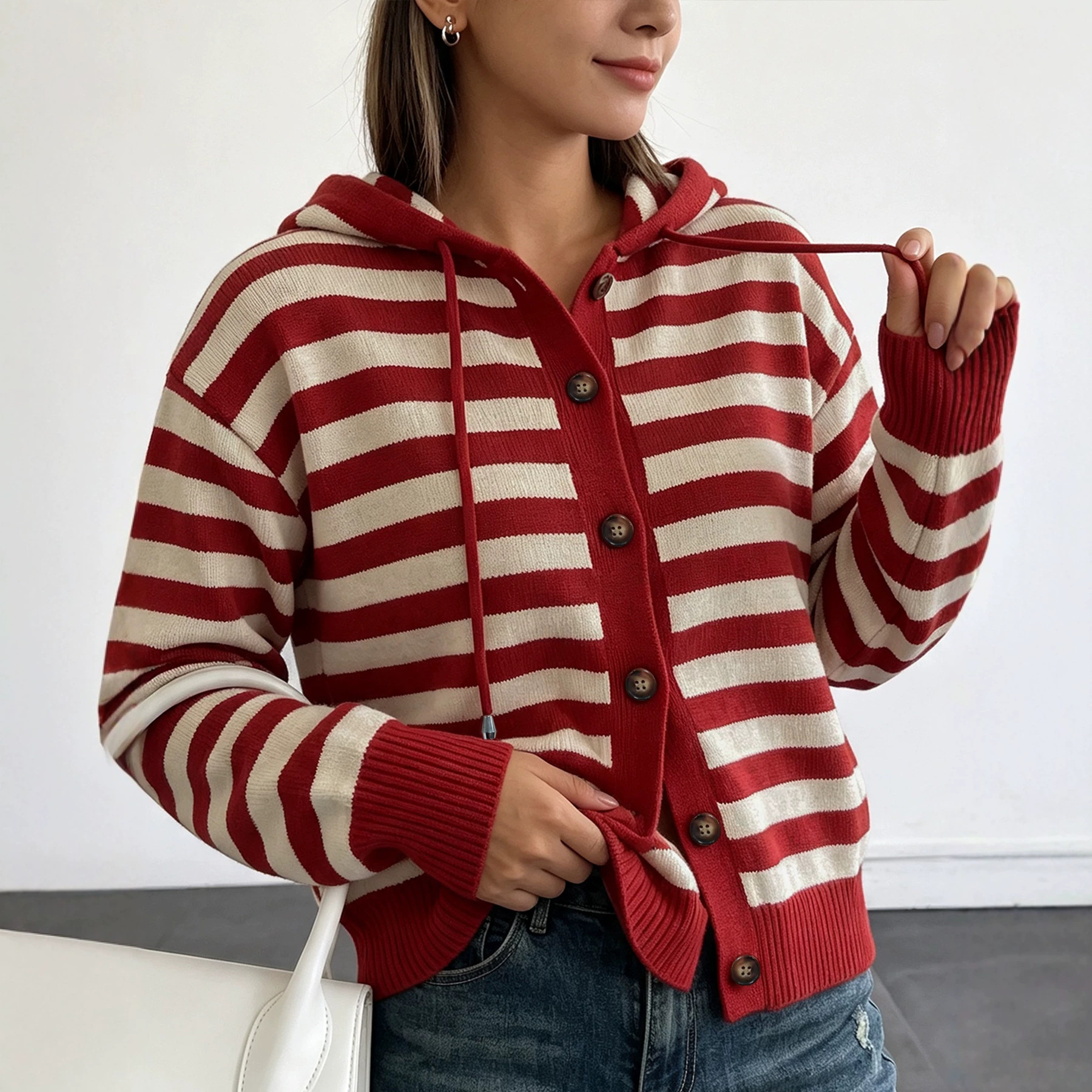 Color-Block Striped Hooded Knit Cardigan Women's Single-Breasted Long-Sleeve Ribbed Trim Casual Jacket