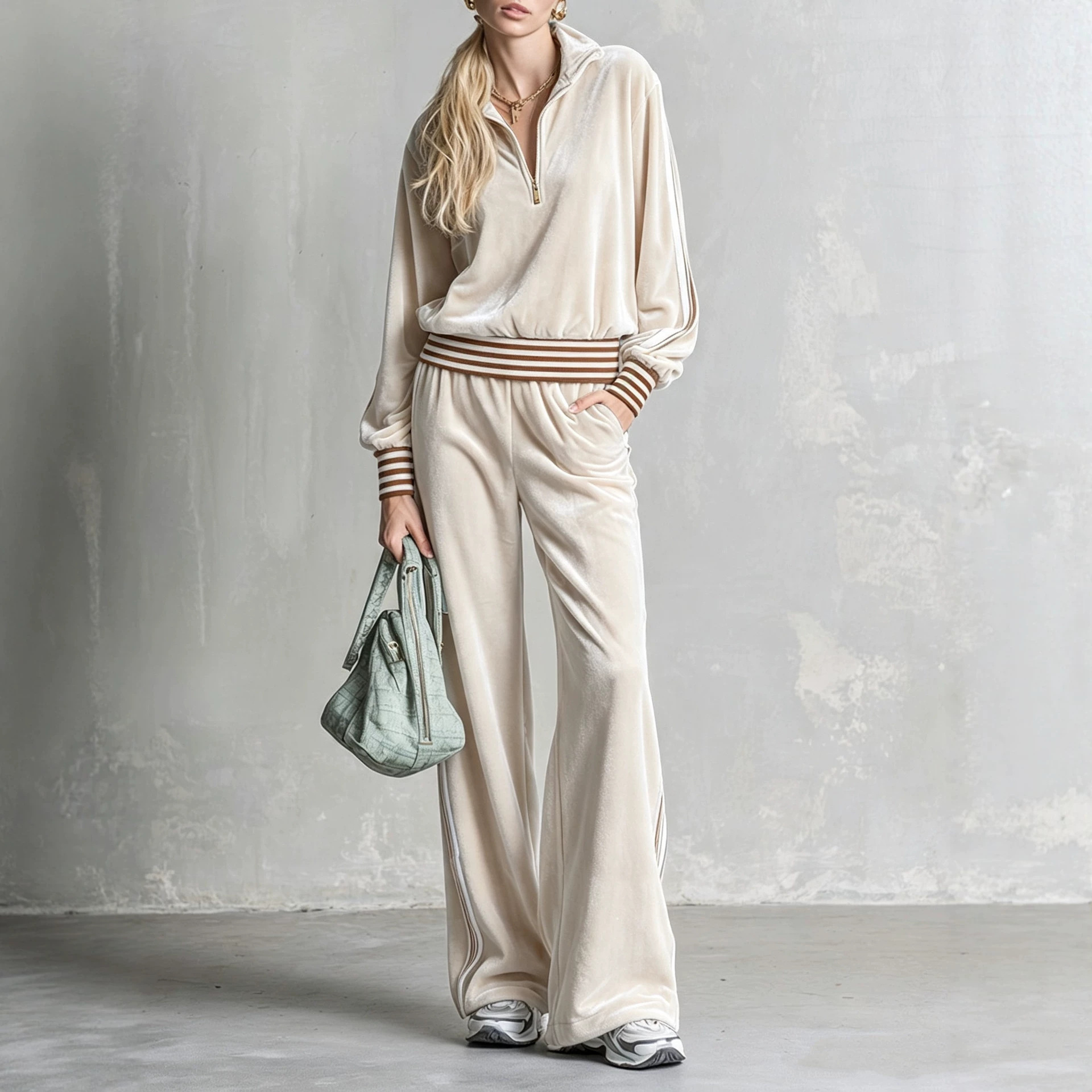 Velvet Side-Stripe Wide-Leg Drawstring Sweatpants