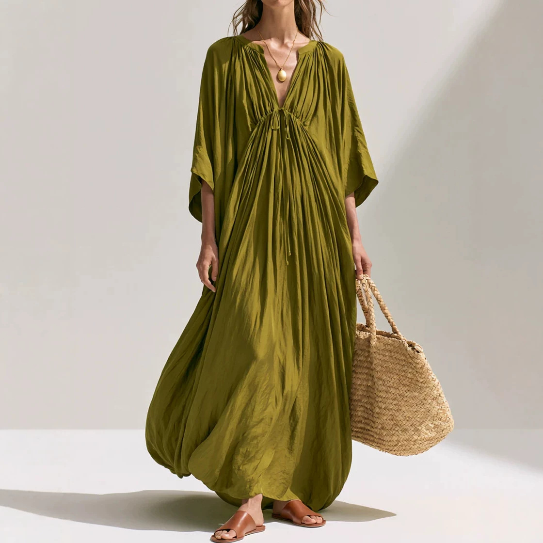 V-Neck Pleated Solid Color Loose Casual Dress