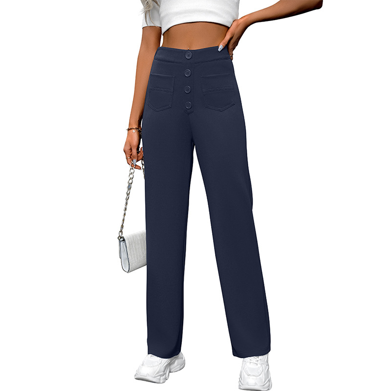 High-Waist Wide-Leg Button Pants with Pockets Casual Straight-Leg Trousers