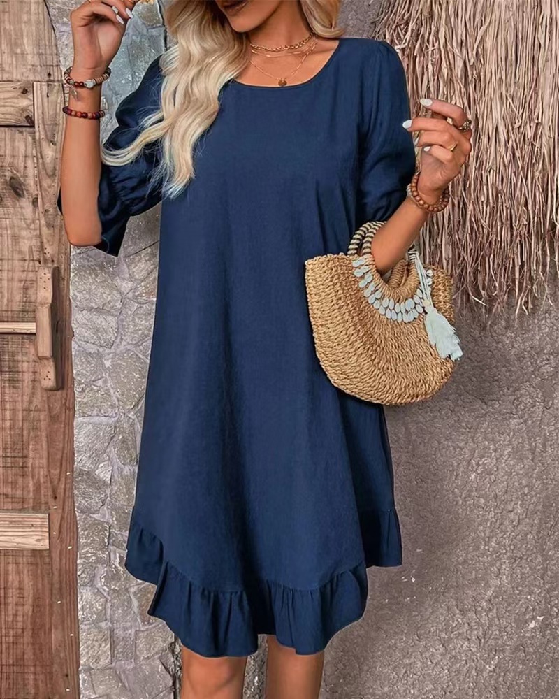 Elegant Solid Crewneck Midi Dress Short Sleeve High Waist