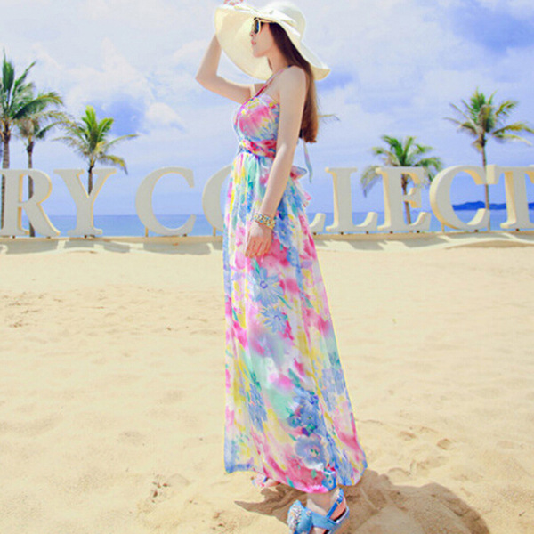 Floral Chiffon Halter Off-Shoulder Maxi Dress