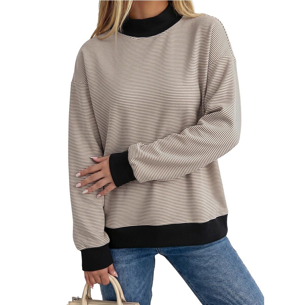 Women's Brushed Striped Colorblock Crewneck Knit Top Loose Fit Long Sleeve