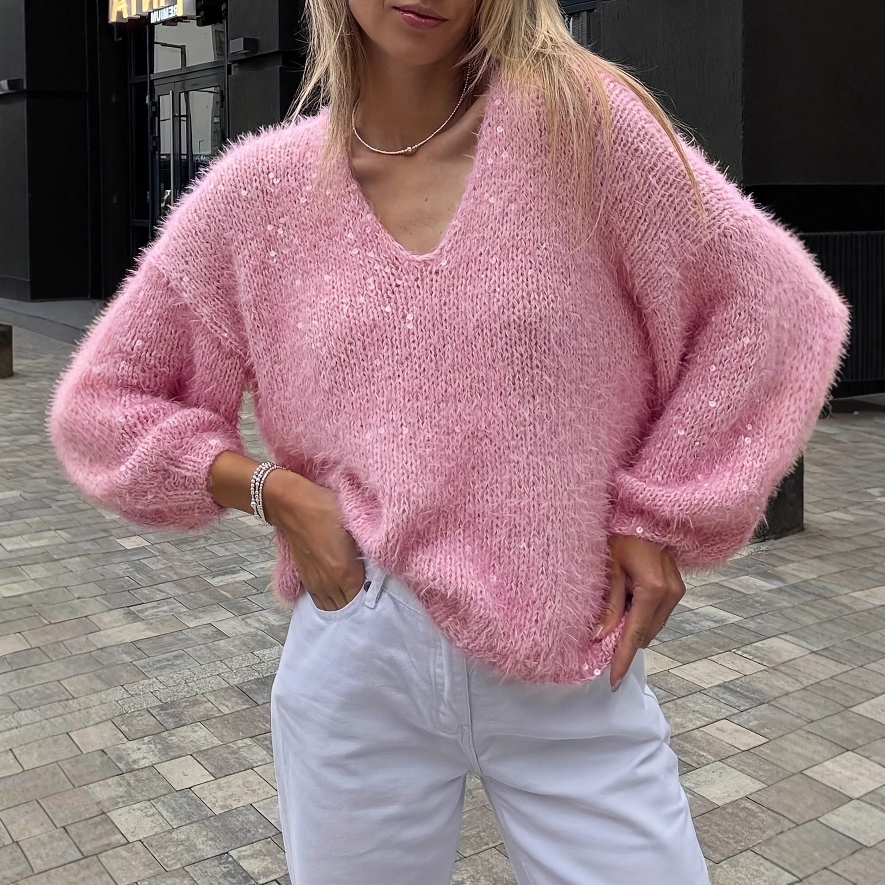 Glitter V-Neck Pullover Sweater Pink Fuzzy Knit Top
