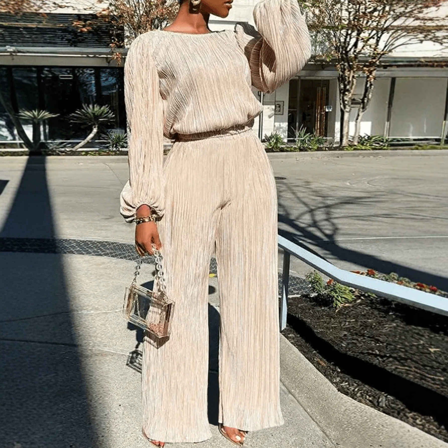 Women's Pleated Waist Straight-Leg Pants and Long-Sleeve Top Set
