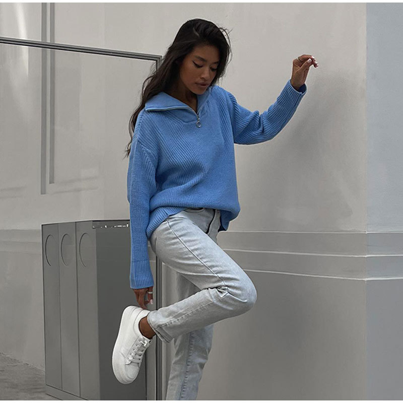 Women's Zip-Up Knit Pullover Sweater Loose Casual Long Sleeve