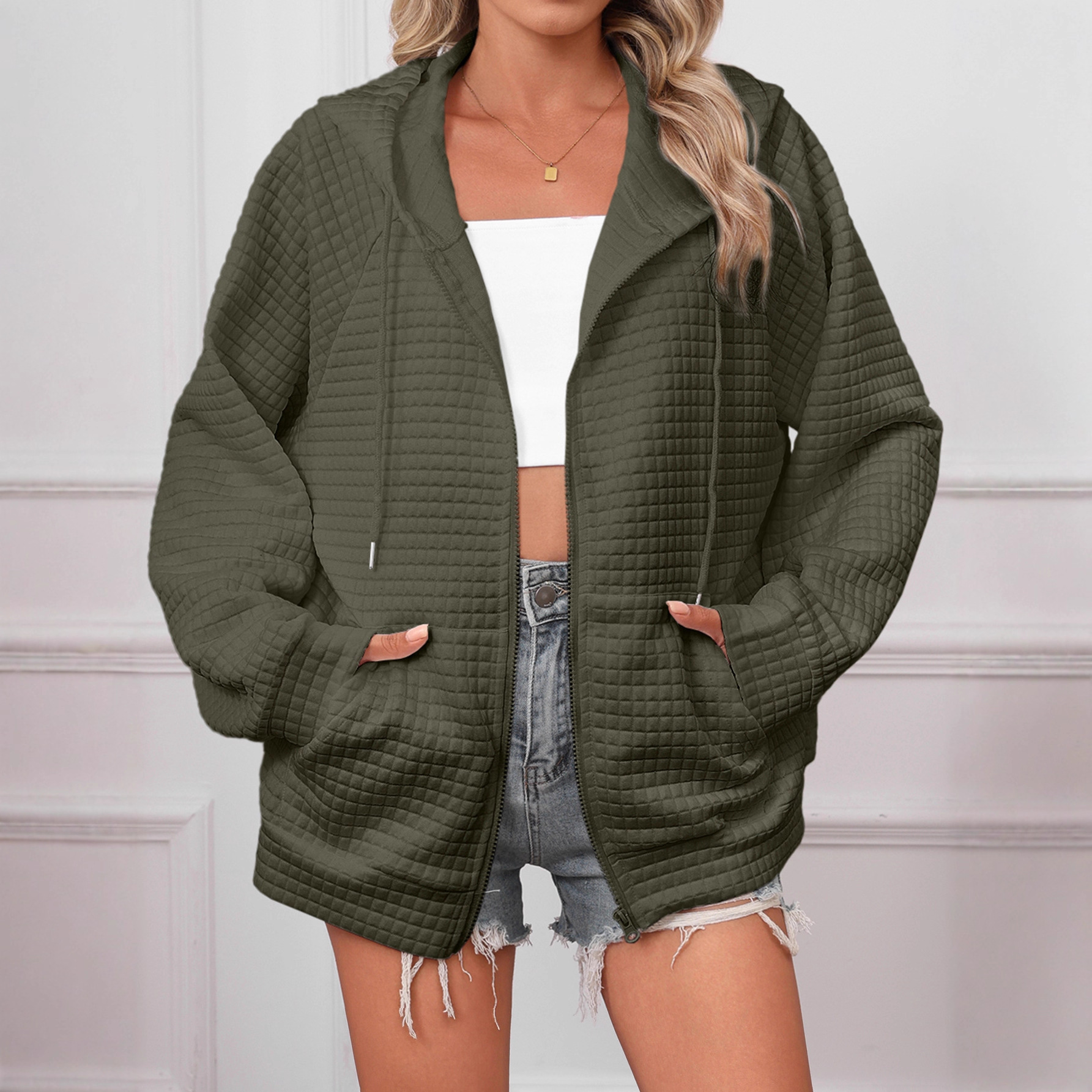 Waffle Knit Hooded Drawstring Zip-Up Jacket for Women