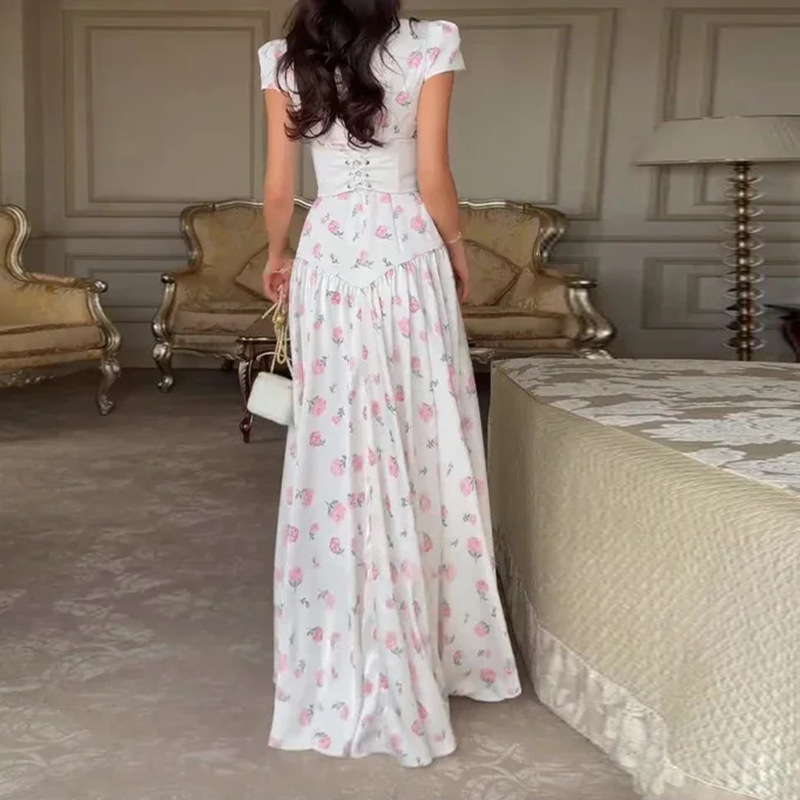 Floral Print Patchwork Slim-Fit Long Dress
