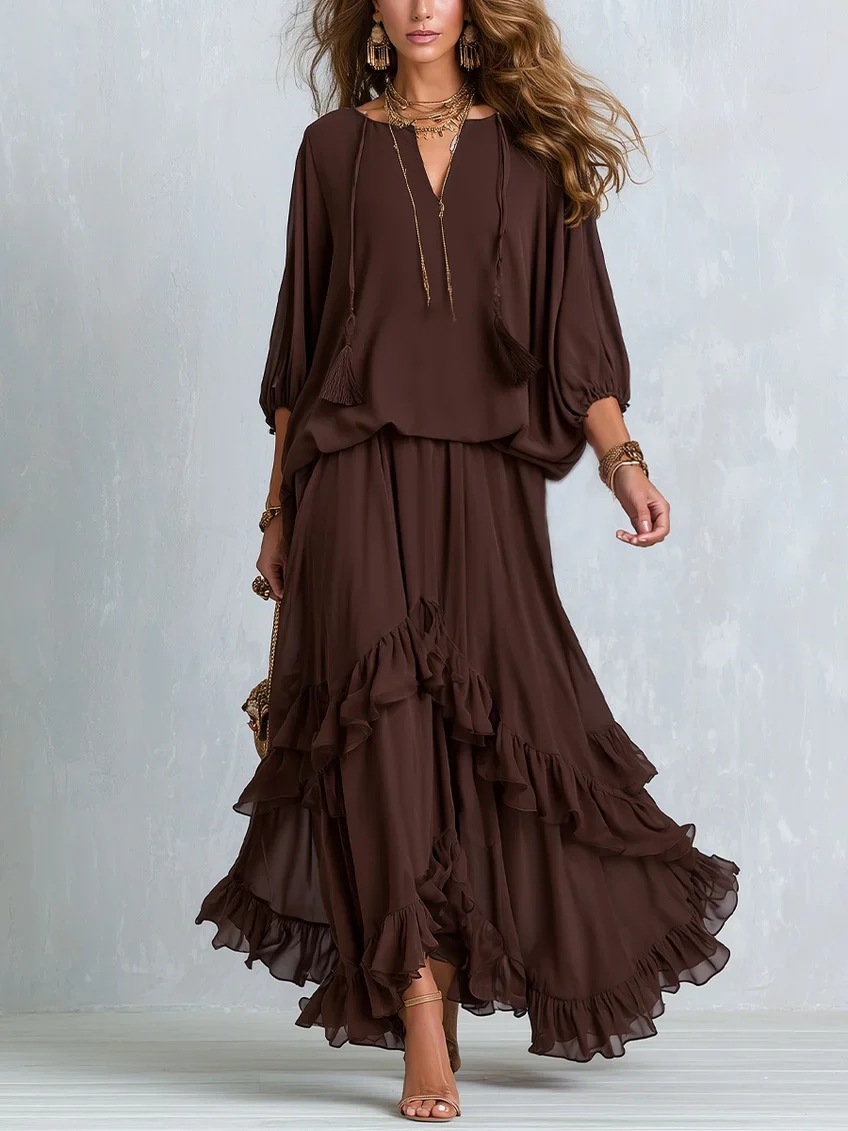Lazy V-Neck Fringe Tie Loose Top and Ruffled Asymmetrical Maxi Skirt Two-Piece Set