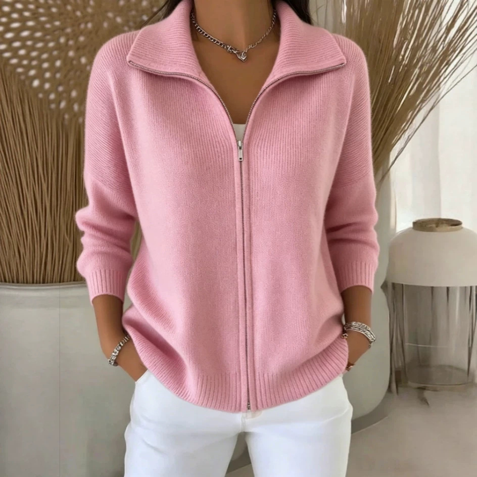 Women's Zip-Up Knit Cardigan with Collar, Solid Color, Relaxed Fit