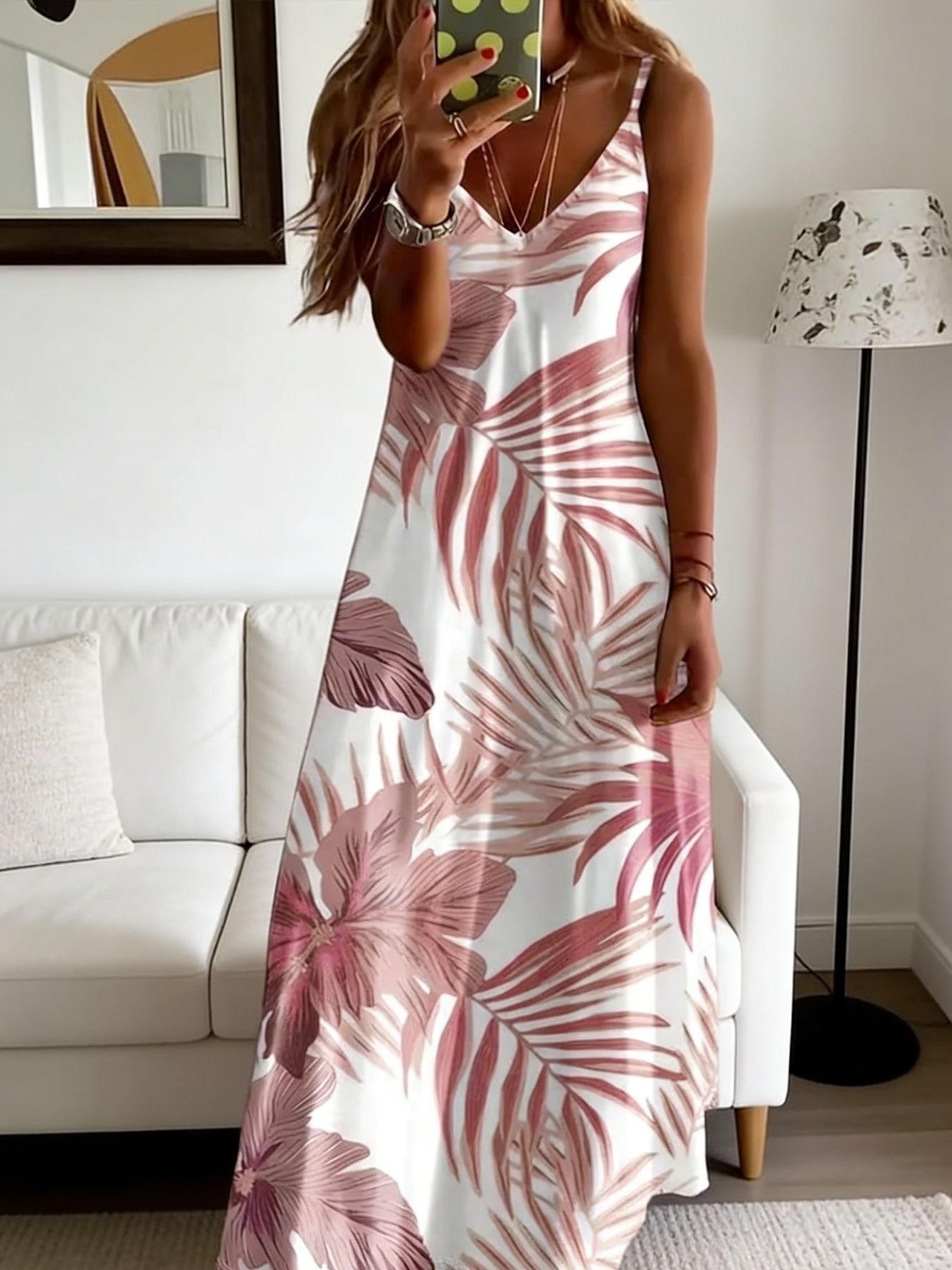 Women's Sleeveless Printed Midi Dress V-Neck A-Line Vacation Casual