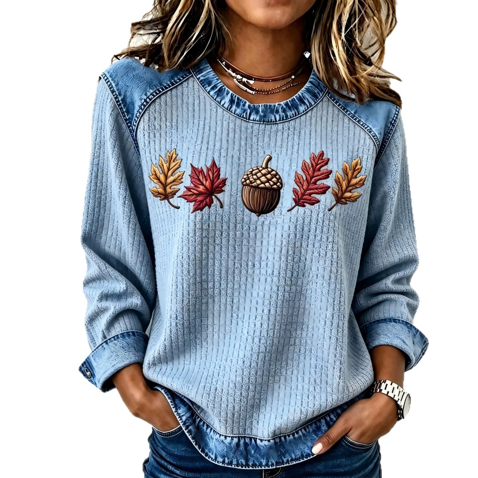 Nut Leaf Maple Print Crewneck Long Sleeve Pullover Sweatshirt