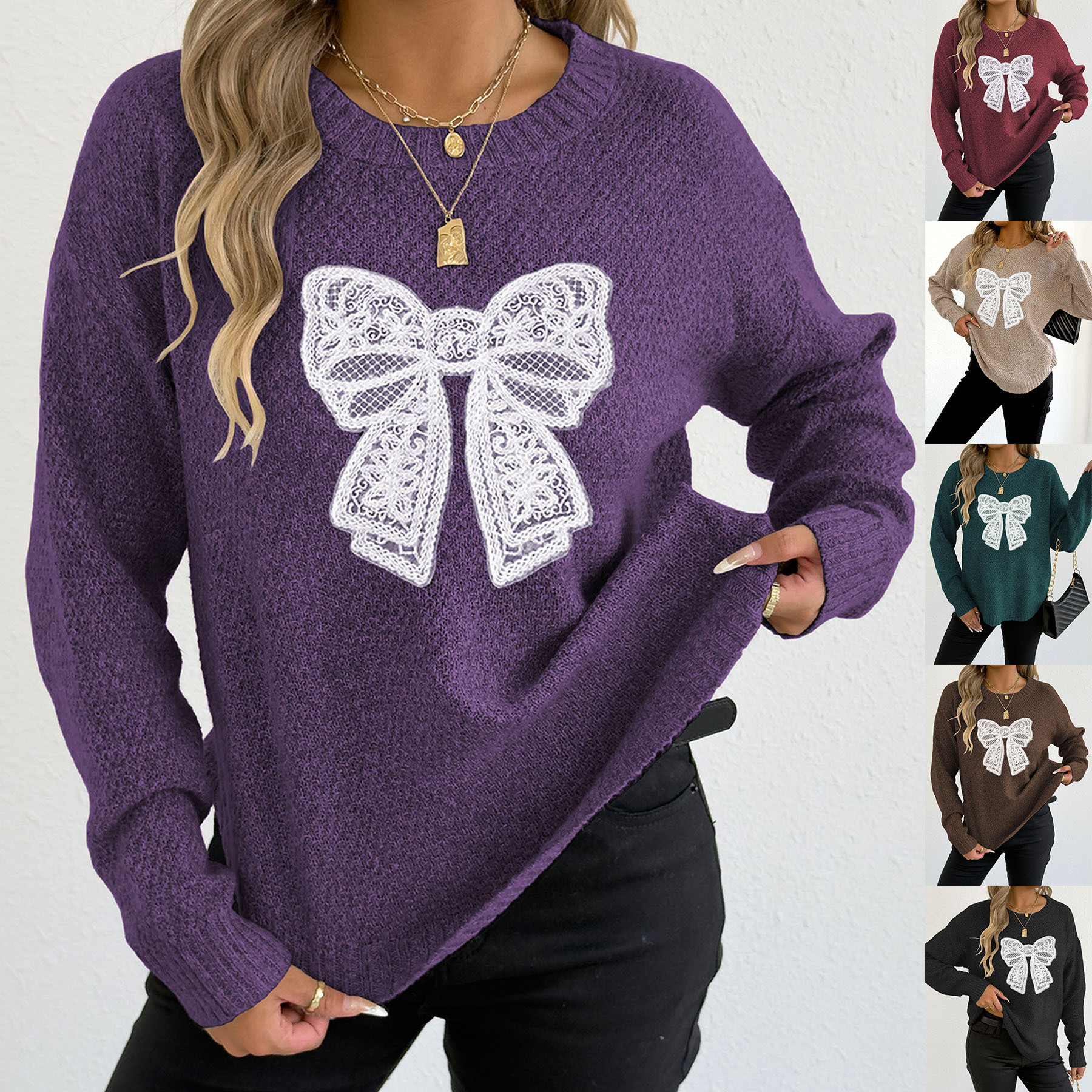 Crewneck Pullover Sweater with Embroidered Lace Butterfly Applique