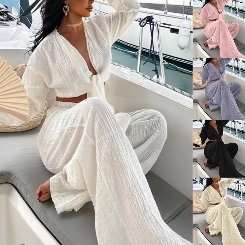 Women's Solid Color Open-Front Cardigan and Wide-Leg Pants Two-Piece Set