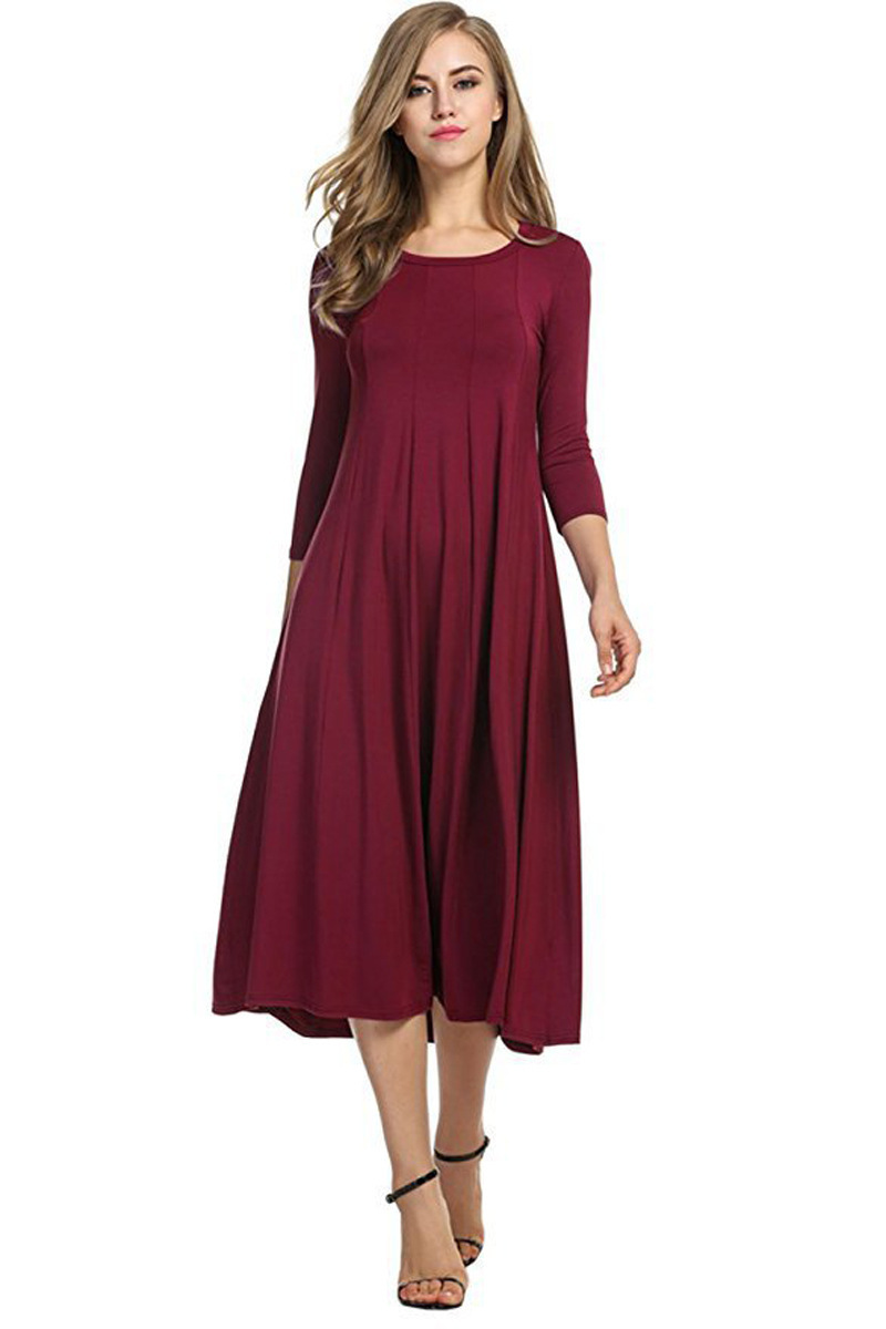 Women's Solid Color Flared Maxi Dress Round Neck Half Sleeve