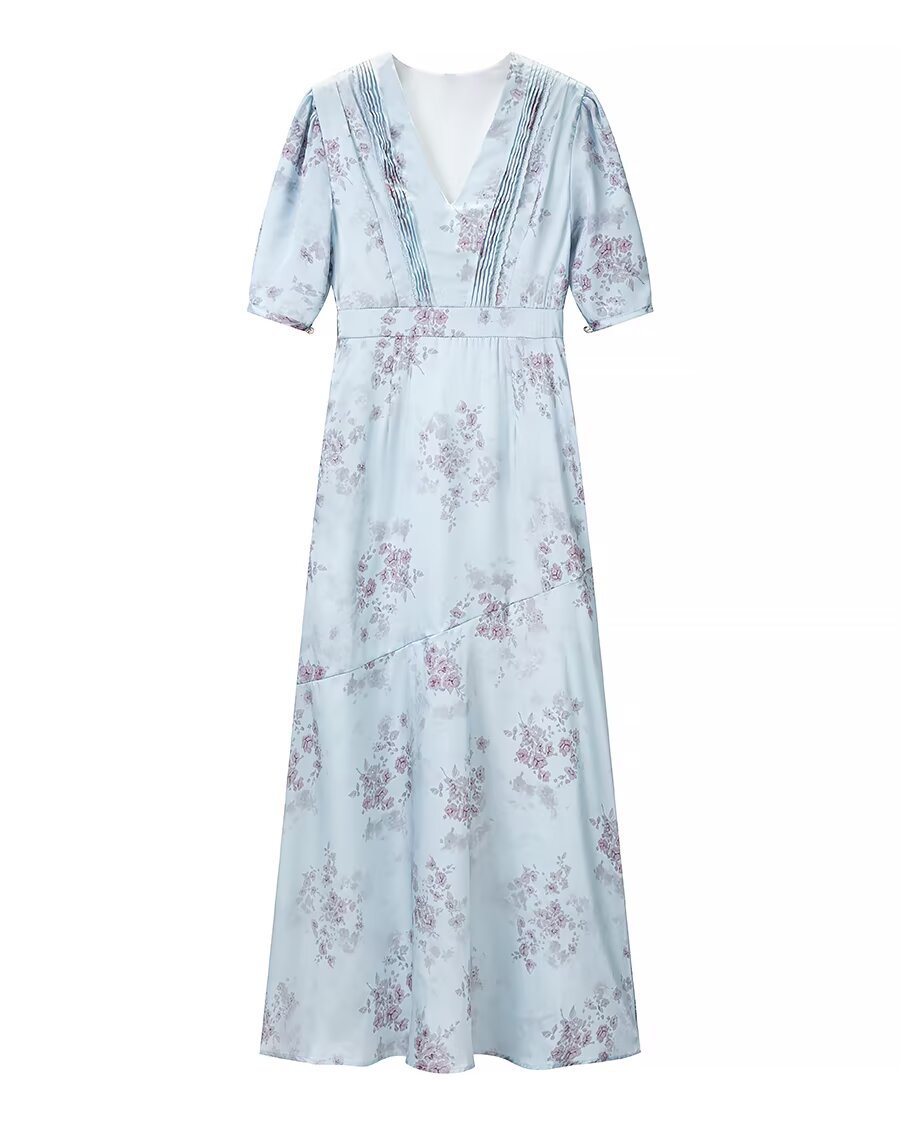 Light Blue Floral V-Neck A-Line Midi Dress