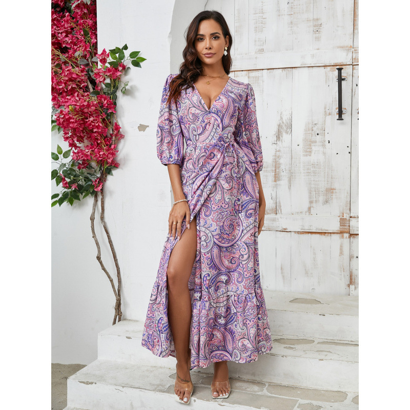 Suede A-Line Midi Dress with V-Neck and Lantern Sleeves