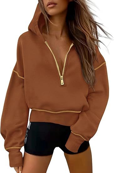 Women's Half-Zip Hooded Cropped Sweatshirt Long Sleeve