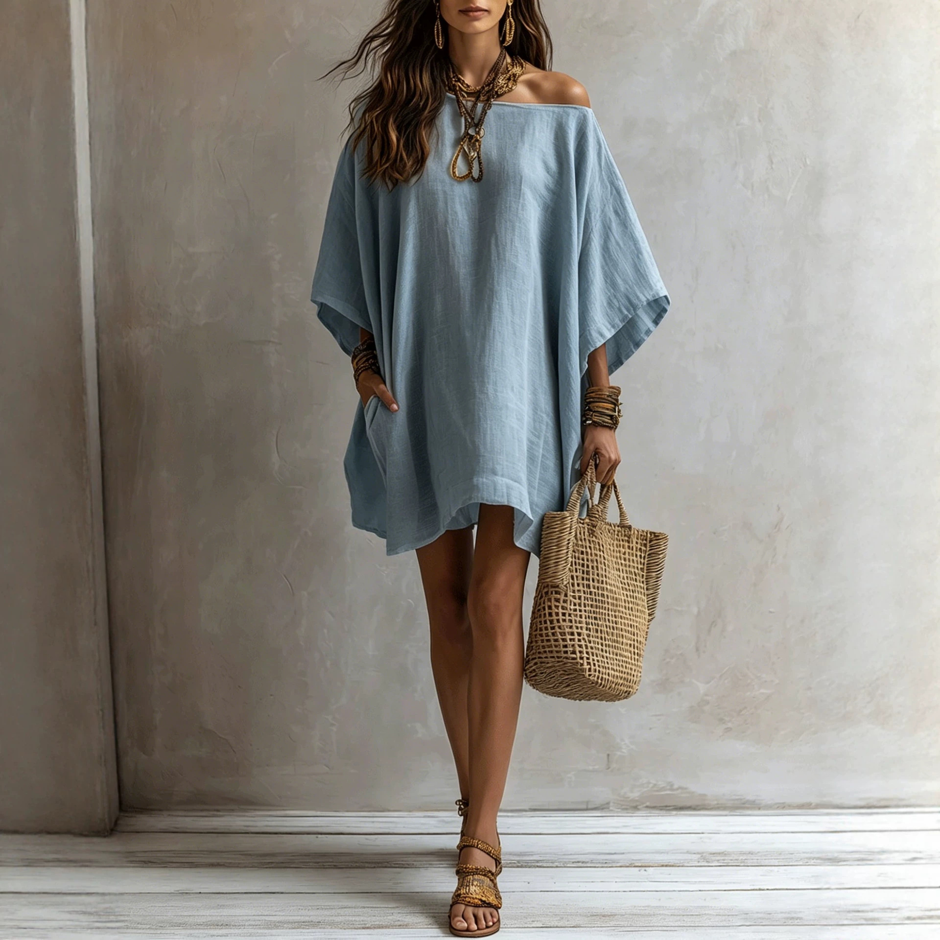 Off-Shoulder Cotton-Linen Midi Dress with Batwing Sleeves and Pockets