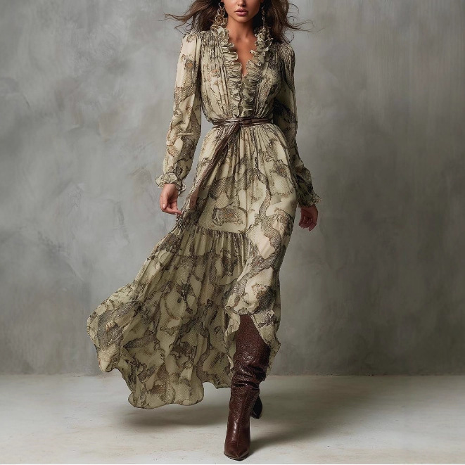 Ruffled V-Neck Chiffon Maxi Dress Desert Python Print