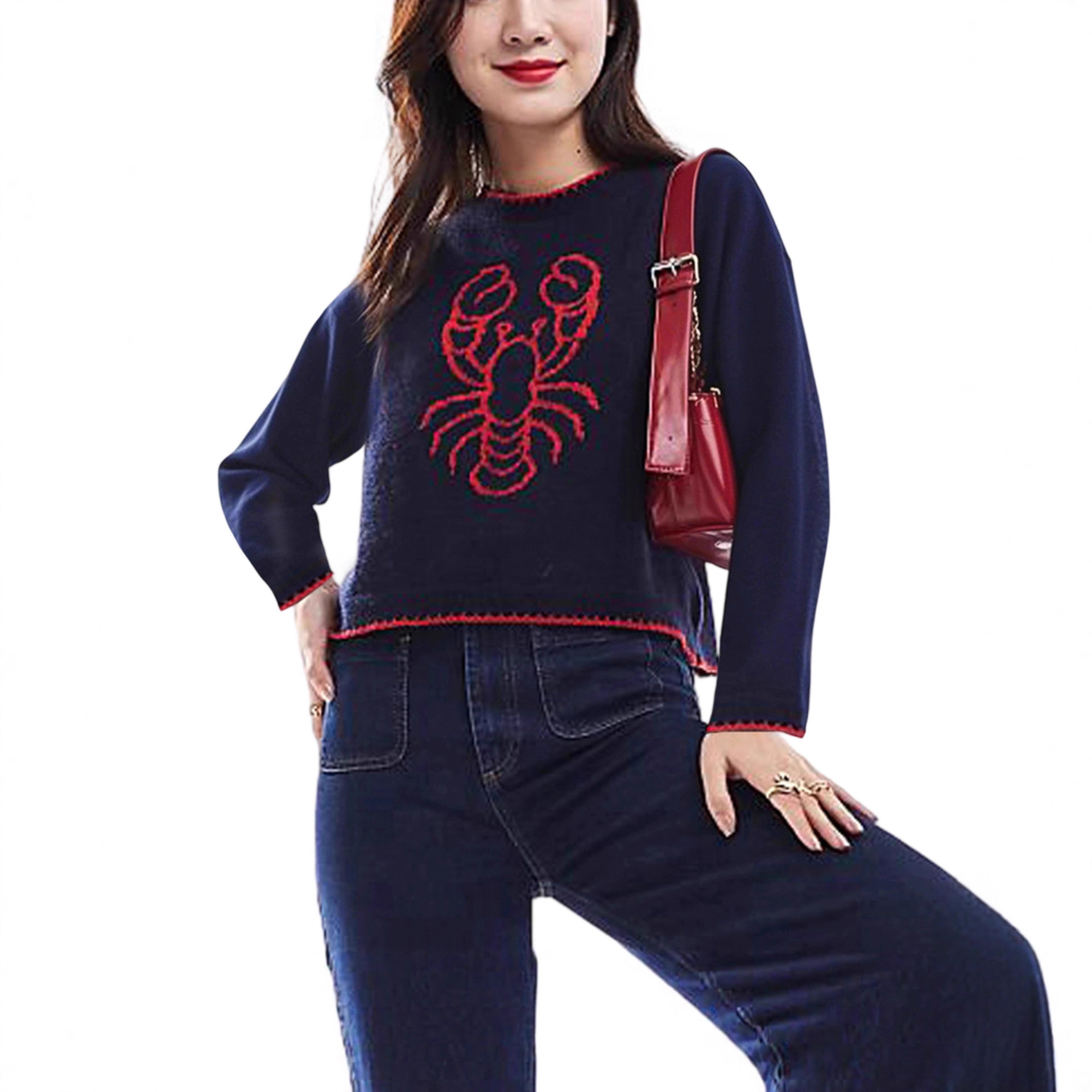 Women's Animal Pattern Colorblock Crewneck Pullover Knit Sweater