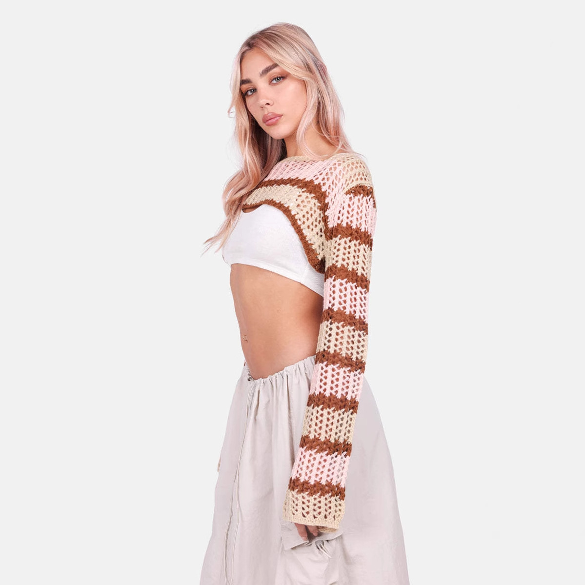Striped Colorblock Cropped Knit Top Long Sleeve Crew Neck