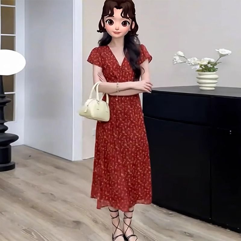 Plus Size French Vintage Red V-Neck Floral Midi Dress with Waist Tie