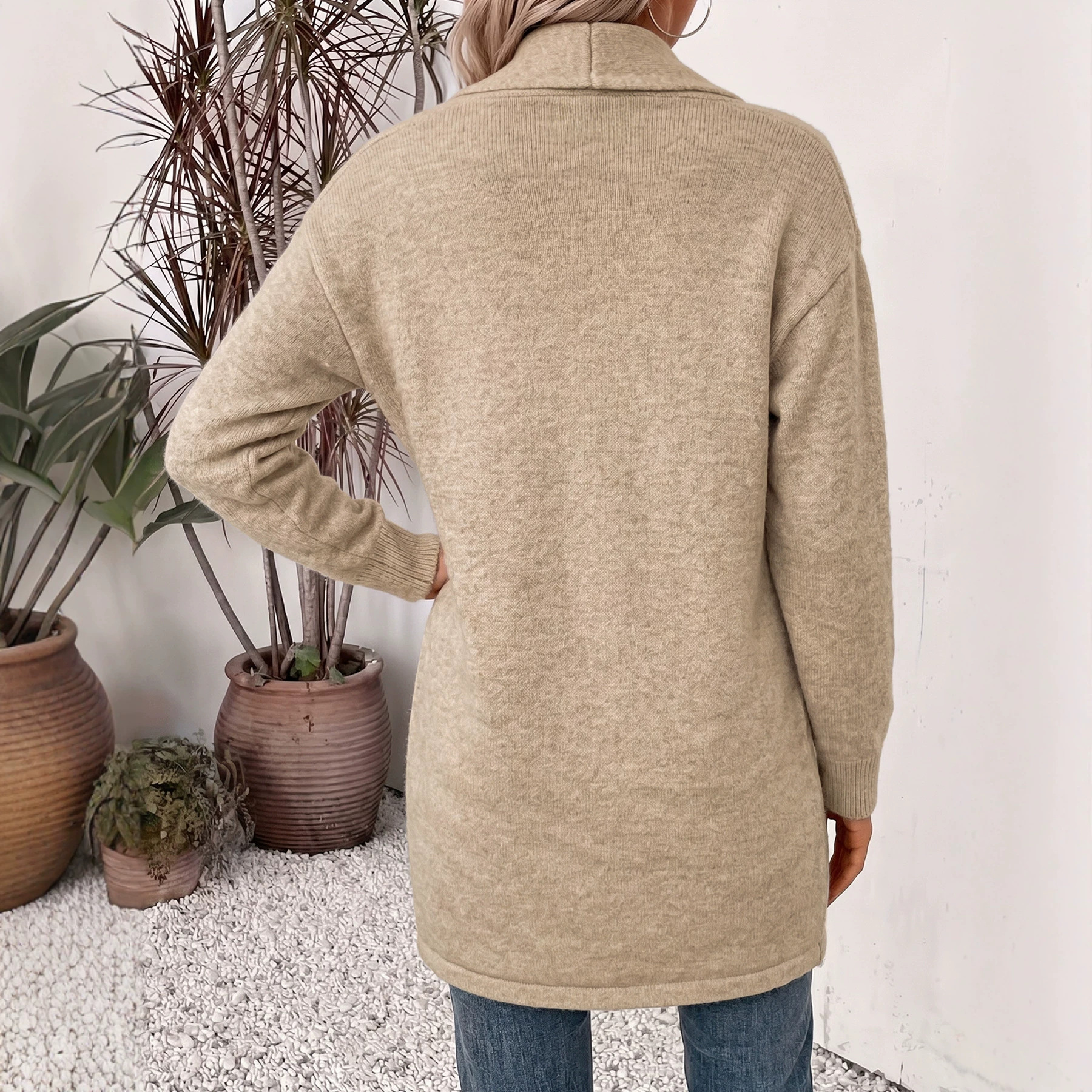 Mid-Length Knit Cardigan with Double-Breasted Placket