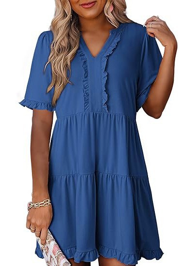 Women's Loose V-Neck Short Sleeve Ruffle Hem Casual Dress