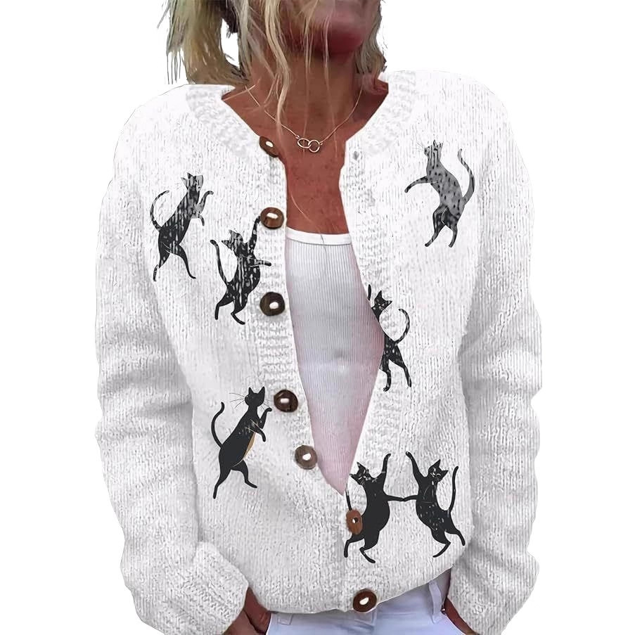 Women's Animal Pumpkin Maple Leaf Print Button Cardigan