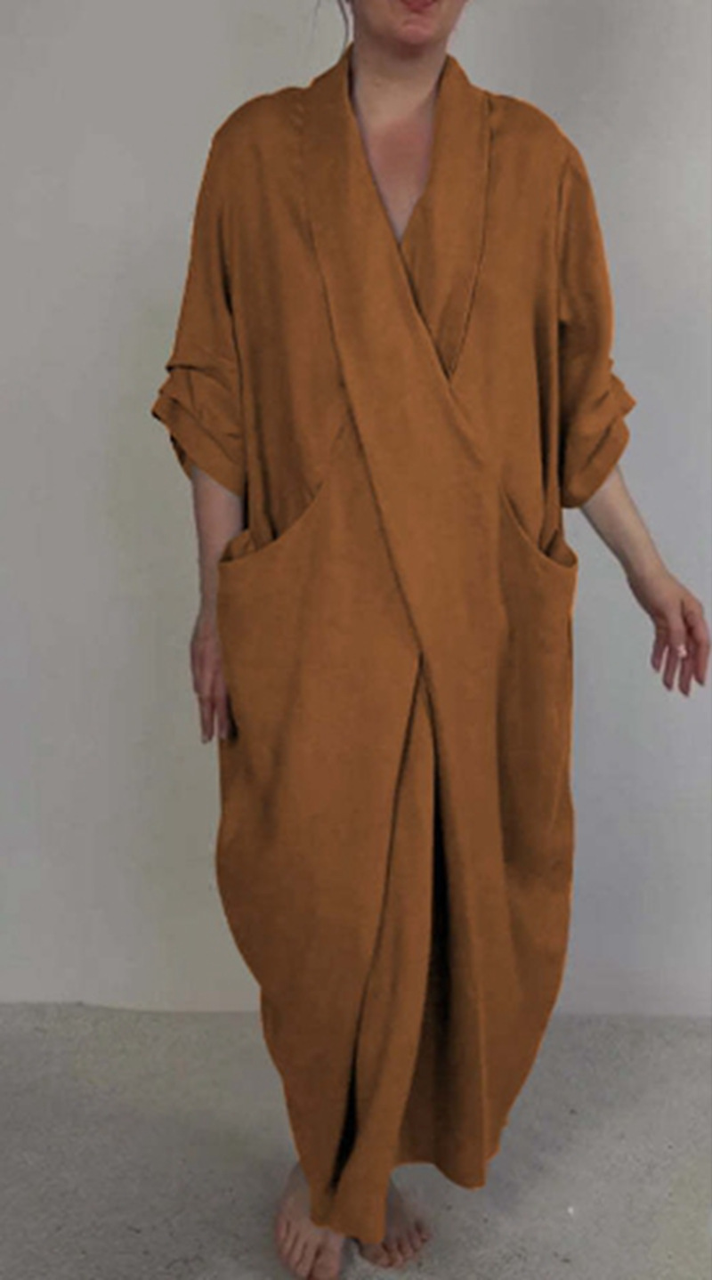 Women's V-Neck Split Hem Casual Dress Solid Color Loose Fit Long Dress