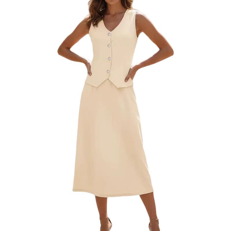 Elegant V-Neck Button Vest and Long Skirt Two-Piece Set