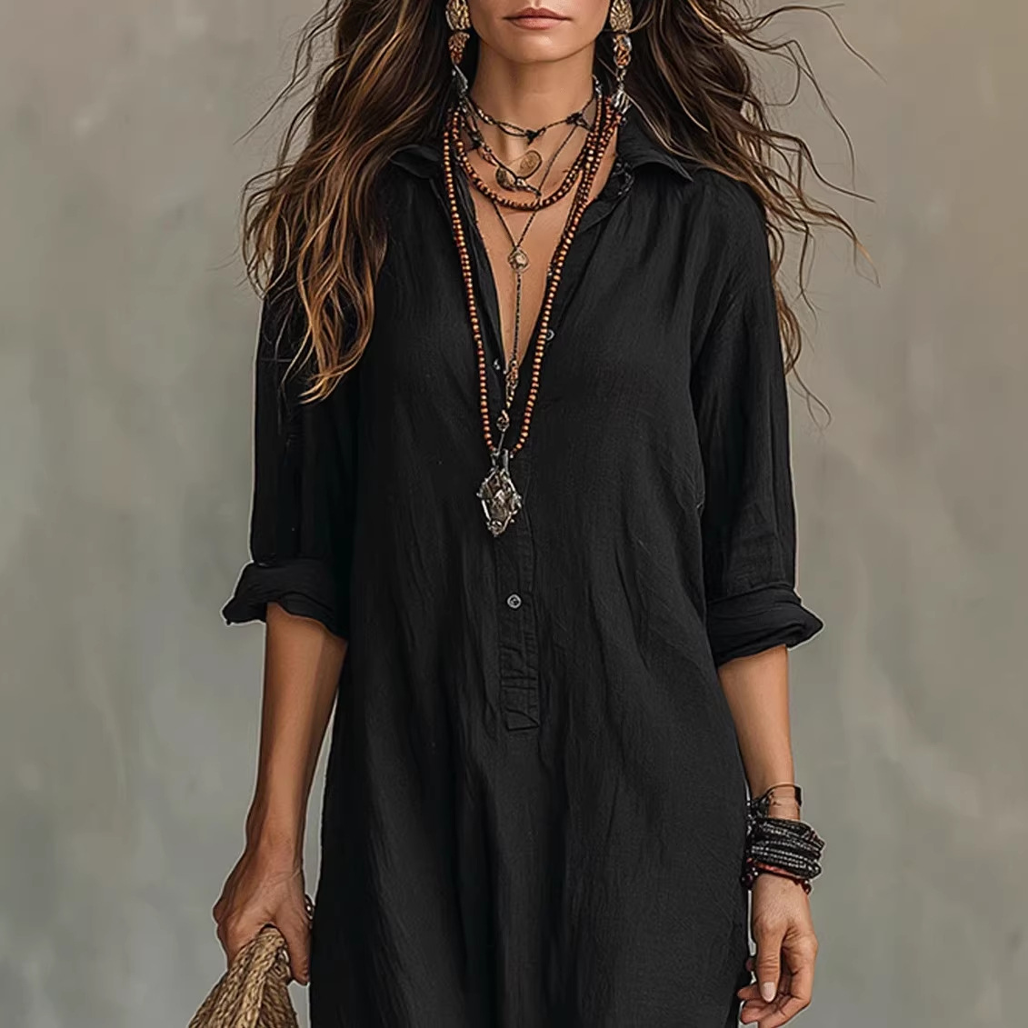 V-Neck Linen-Blend Cardigan Dress with Slit