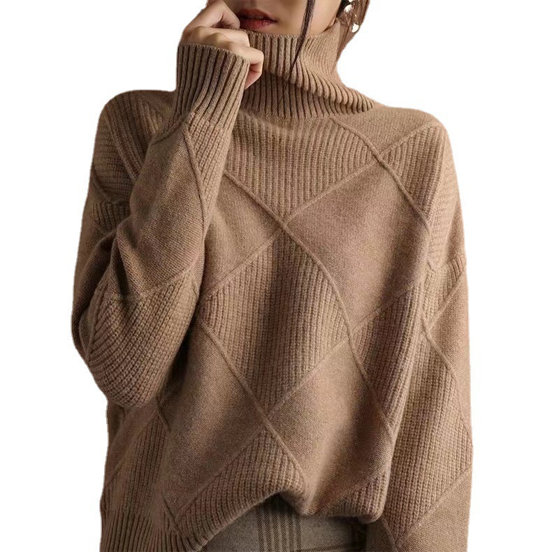Women's Loose High Neck Diamond Knit Sweater