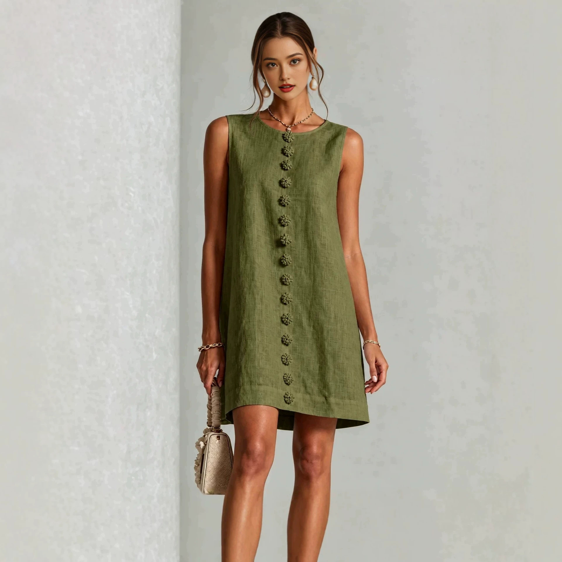 Women's Sleeveless A-Line Mini Dress Solid Crew Neck Casual