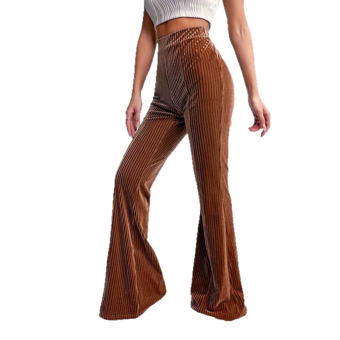 Women's High-Waist Corduroy Flare Pants Solid Color Wide-Leg Casual