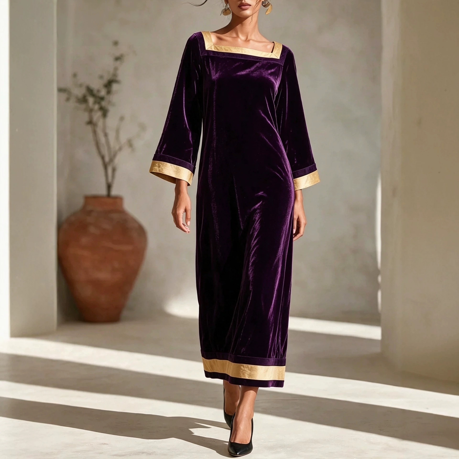 Women's Vintage Velvet Square Neck Midi Dress with Nine-Tenth Sleeves