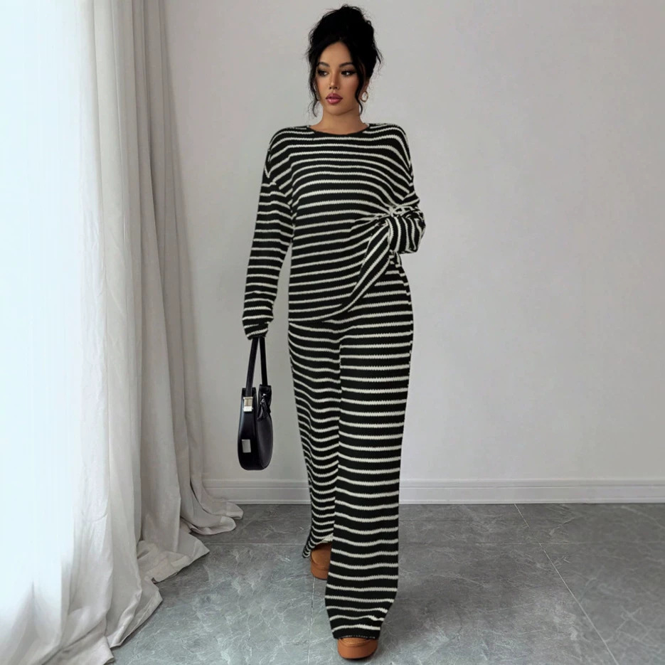 Women's Striped Round Neck Long Sleeve Top and Pants Two-Piece Set