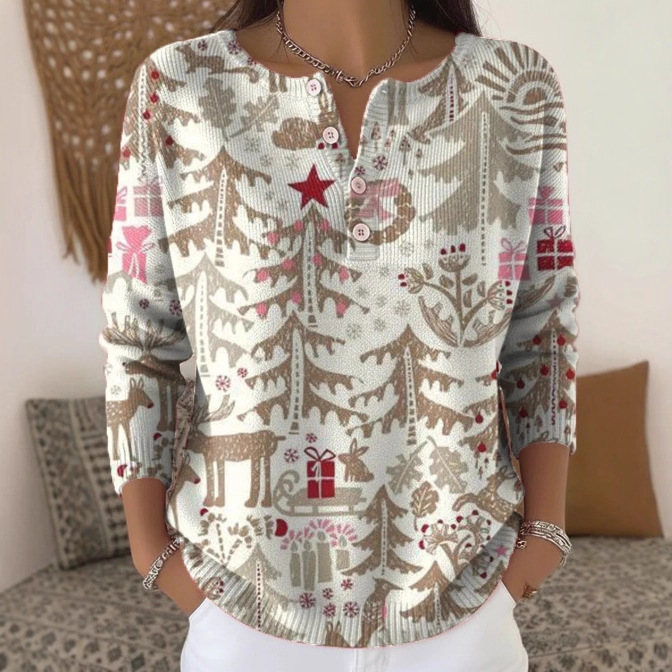Women's Forest Crow Snowflake Print Button Sweatshirt