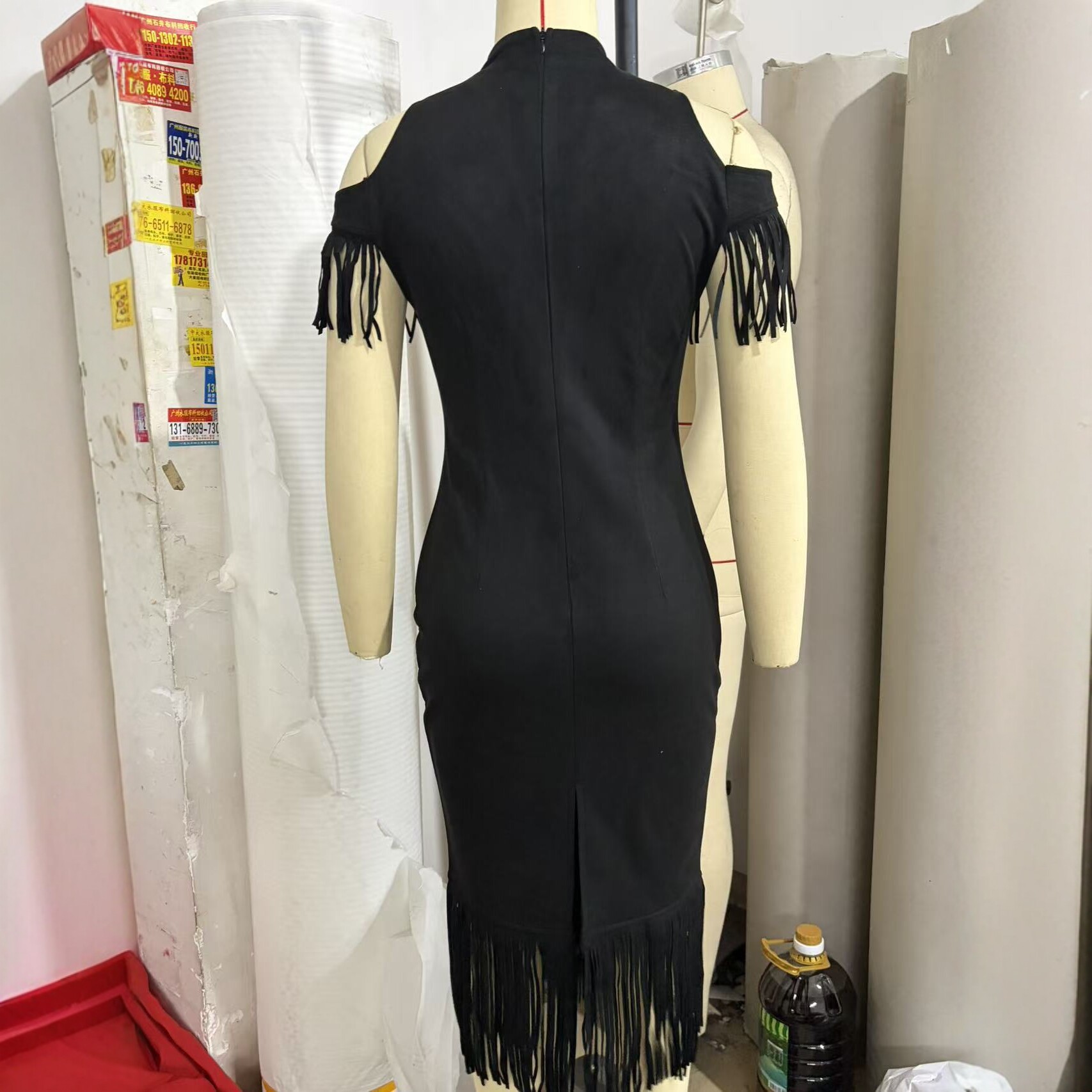 Black Embroidered Fringe Bodycon Dress Off-Shoulder High-Waist