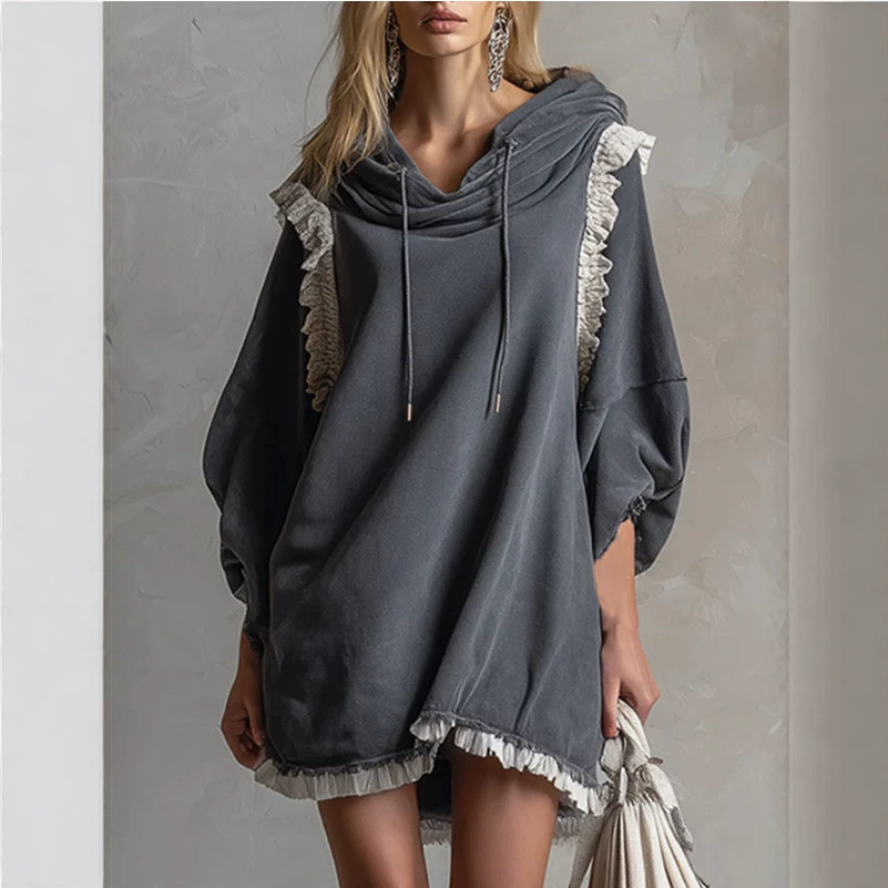 Dark Gray Lace-Trim Hooded Mini Dress