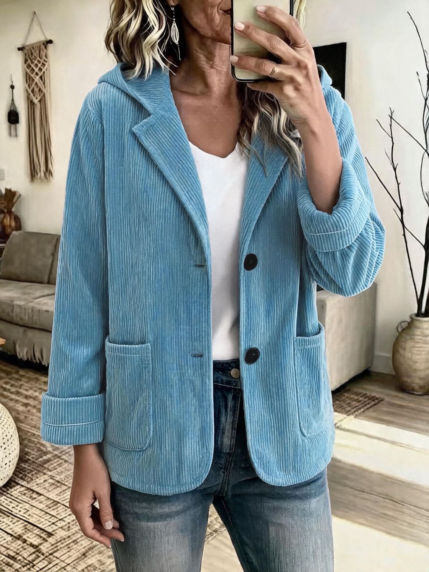 Corduroy Hooded Short Jacket with Lapel Collar