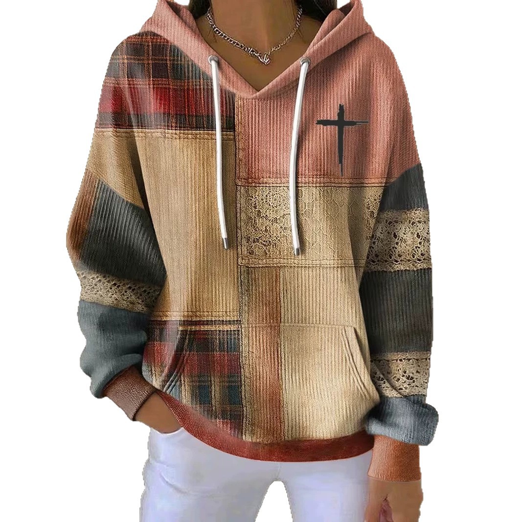 Women's Cross Colorblock Print Casual Hoodie