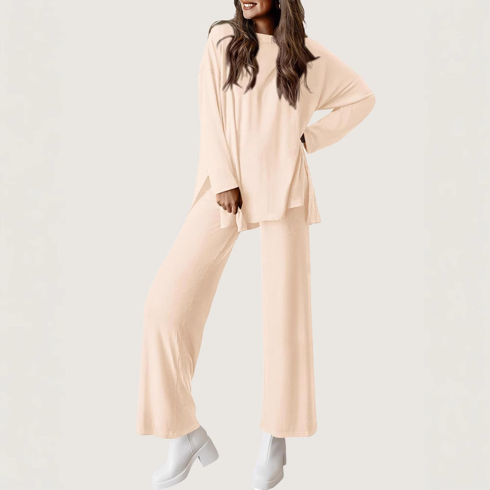 Women's Solid Color Crewneck Long Sleeve Wide Leg Pants Lounge Set