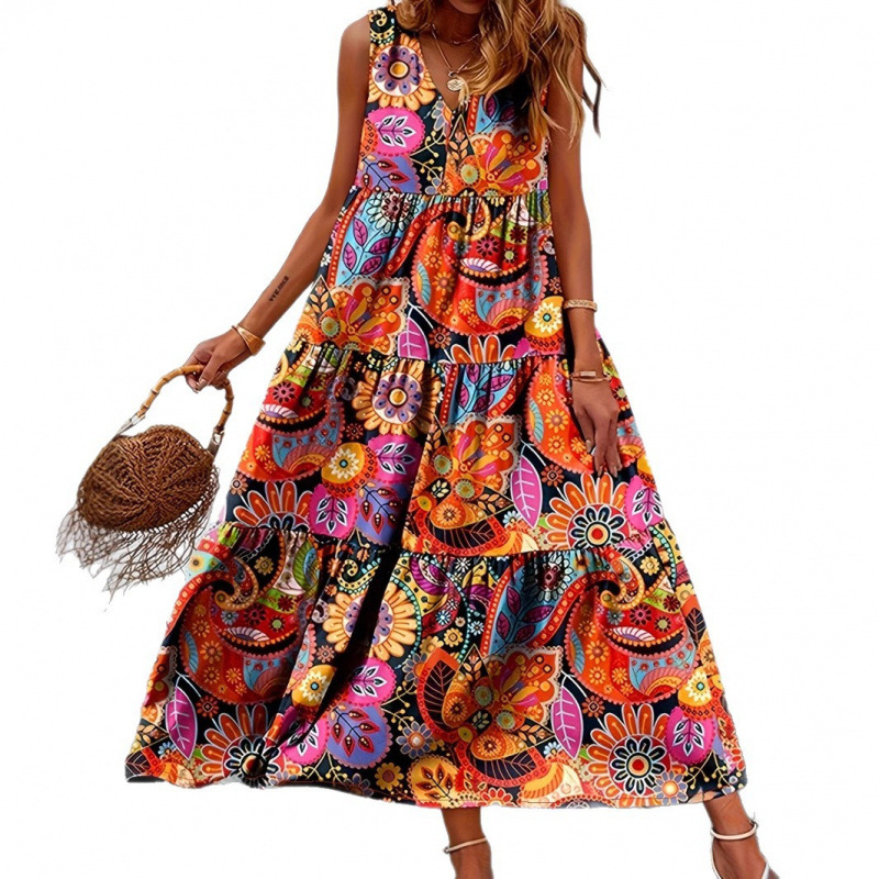 Floral Print Sleeveless High Neck High Waist Maxi Dress